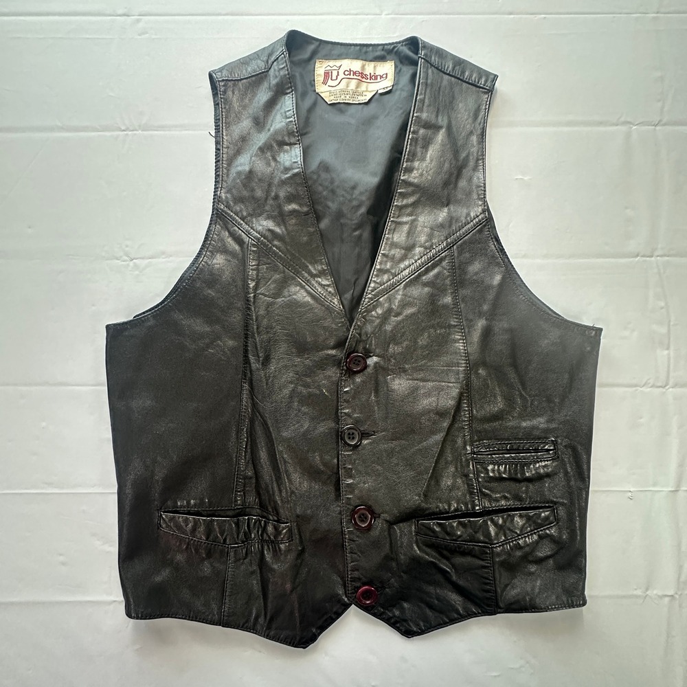 Vintage Chess King Mens Black Leather Vest Western Yoke Button Front Medium